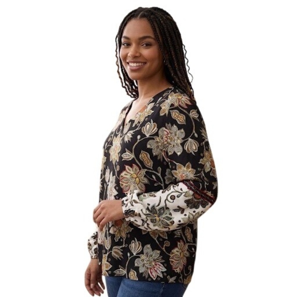 Belle Boho Kim Gravel Floral V-Neck Blouse Black Multi Long Sleeve A654087 Large